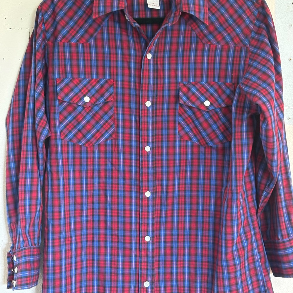 Men's Red and Blue Plaid Button-Up Shirt